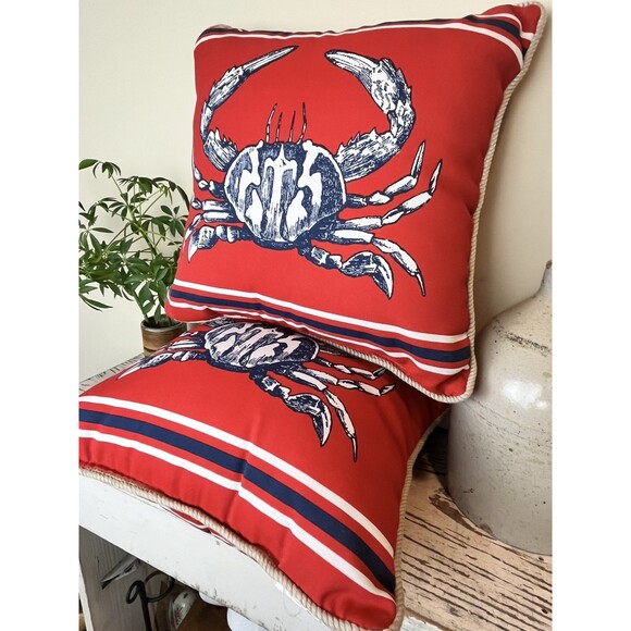 Vintage Nautical Crab On Red Canvas W/ Rope Piping 15” Throw Pillow 2 SIDED - Picture 9 of 9